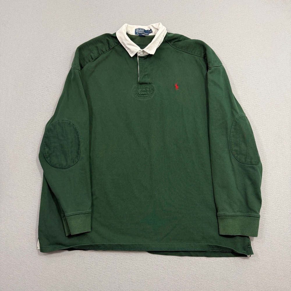 Vintage Polo Ralph Lauren Rugby Shirt Mens XXL Green Long Sleeve Elbow Patch